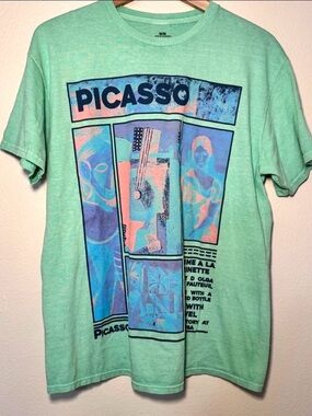Picasso Graphic Tee Mens M Green Art Print Shirt Streetwear Cotton